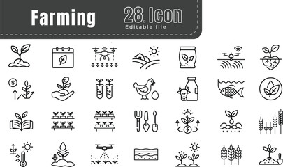 Detailed Farming Icons Set, Agriculture and Sustainable Farming Line Icons for Modern Farm Life