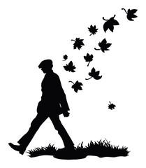 Elegant Silhouette of Walking Man Surrounded by Falling Leaves