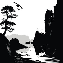 Naklejka premium Rocks and cliffs along a riverbank. silhouette illustration