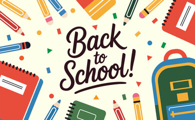 Back to school. Handwritten text.  School education. Banner, colorful poster. Vector illustration