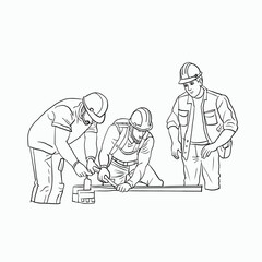 Obraz premium black and white line. Construction Workers Building and Supervising. Cartoon Style Illustration