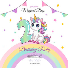 An invitation to a birthday party. Cute unicorn with the number 2. Vector illustration.