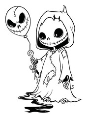 Whimsical Ghost Character Holding a Spooky Balloon in Hand-Drawn Style