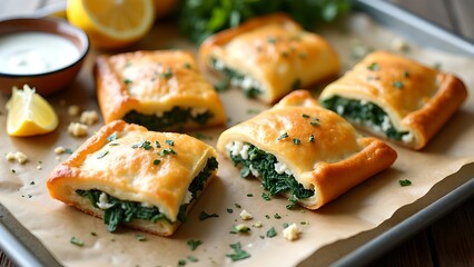 Golden Spanakopita Squares on Baking Tray – Crispy Filo Pastry Filled with Spinach, Feta Cheese, and Herbs in Bright Kitchen Light