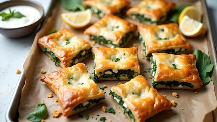 Golden Spanakopita Squares on Baking Tray – Crispy Filo Pastry Filled with Spinach, Feta Cheese, and Herbs in Bright Kitchen Light