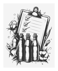 Hand Drawn Illustration of Bottles with Checklist and Flowers on Clipboard