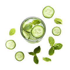 Cucumber and Mint Infused Water in a Glass with Fresh Slices and Leaves