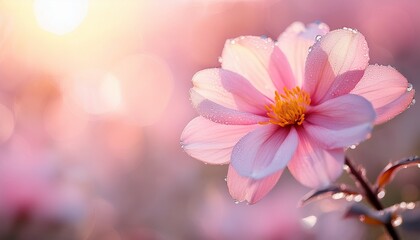 Fototapeta premium close up of a delicate pink flower with dew drops on petals glowing gently in soft natural light with blurred pink and white background