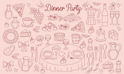 Hand Drawn Dinner Party Elements Set Food, Drinks, Cutlery, and Table Decor Outline Vector Doodle drawings of italian and french food.