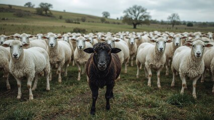 Fototapeta premium Black sheep among white sheep, being different concept