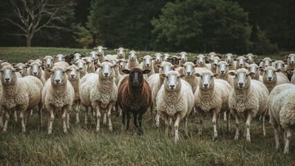 Obraz premium Black sheep among white sheep, being different concept