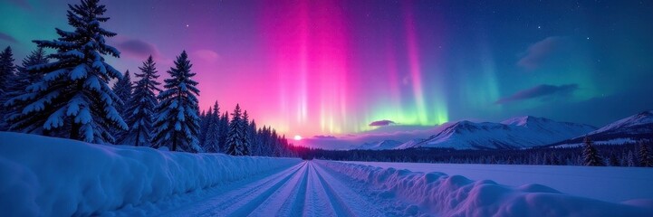 Vibrant aurora shimmers above a snow-covered road, trees silhouetted against the celestial display , photography, beautiful, nature
