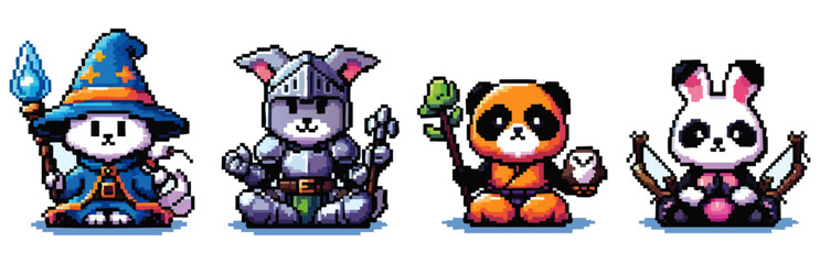 Four pixelated cartoon animals: a wizard, a knight, a druid, and an archer.