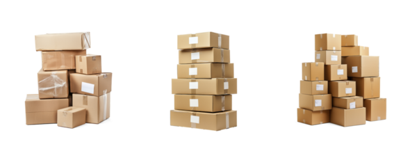 Collection of delivery packages with labels clearly visible, symbolizing bulk shipping or warehouse operations. full length isolate on transparent background