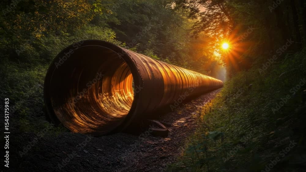 Poster A large pipe sits in the middle of a dense forest, surrounded by trees and foliage