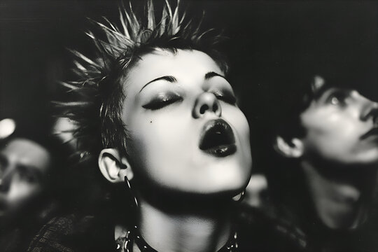 Young punk woman enjoying live rock music with closed eyes and open mouth