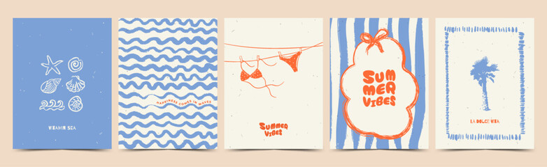 Obraz na płótnie Canvas Whimsical Summer abstract Mediterranean poster, card template with swimsuit, palm tree, shells, waves. Modern trendy design for branding, ads, print, decor