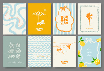 Whimsical Summer abstract Mediterranean banner, poster, card template set with swimsuit, palm tree, shells, waves, lemons. Modern trendy design for branding, ads, print, decor