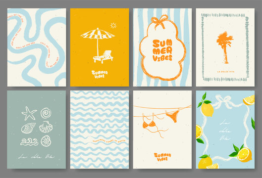 Whimsical Summer abstract Mediterranean banner, poster, card template set with swimsuit, palm tree, shells, waves, lemons. Modern trendy design for branding, ads, print, decor