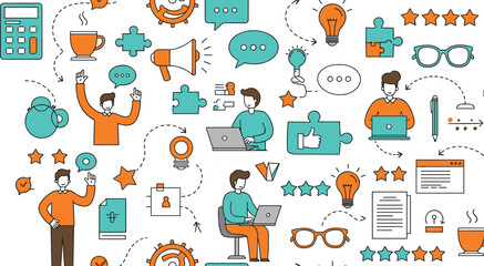 Creative Collaboration and Productivity Icons Featuring Teamwork, Innovation, and Communication Tools