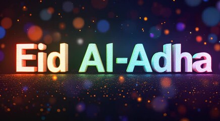 Animated eid al-adha title celebration with festive bokeh effect background