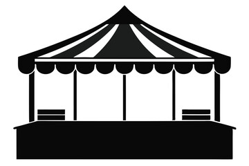 Black and White Silhouette Illustration of Carnival Tent Booth Stand with Striped Awning