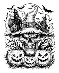 Obraz premium Spooky Halloween Hand Drawn Skull with Witch Hat and Jack-o'-Lanterns