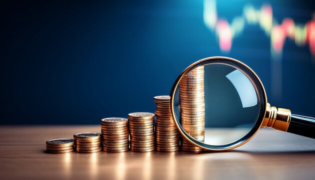 financial analysis concept with coins and magnifying glass for economic research design - Powered by Adobe