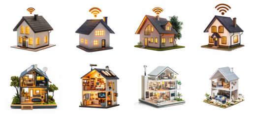 Collection of Miniature house with a glowing Wi-Fi symbol indicating smart technology and connectivity. full length isolate on transparent background