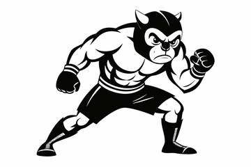 Vintage black and white illustration of a muscular male boxer in a powerful fighting stance. This dynamic vector-style artwork features bold line shading, detailed muscle anatomy