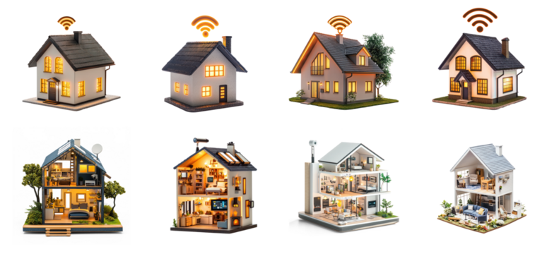 Collection of Miniature house with a glowing Wi-Fi symbol indicating smart technology and connectivity. full length isolate on transparent background