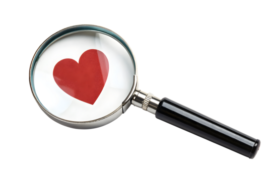 Searching for love heart with magnifying glass concept art on transparent background