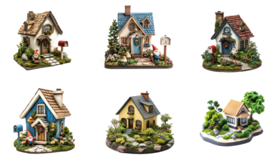 Collection of miniature house with a mailbox and garden gnome creating a cozy, lived-in look for real estate appeal. full length isolate on transparent background