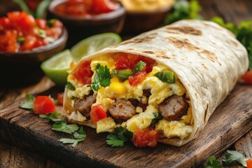 Delicious breakfast burrito filled with eggs, sausage, and fresh vegetables on a rustic wooden background