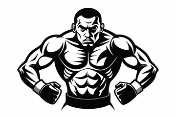 Vintage black and white illustration of a muscular male boxer in a powerful fighting stance. This dynamic vector-style artwork features bold line shading, detailed muscle anatomy
