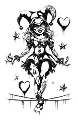 Obraz premium Hand Drawn Artistic Illustration of a Girl in a Jester Costume with Tattoos
