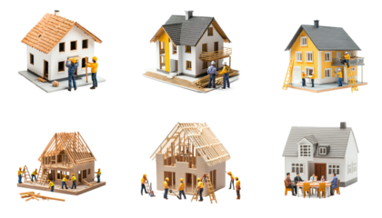 Collection of Miniature property surveyors inspecting a model house for planning or development. full length isolate on transparent background