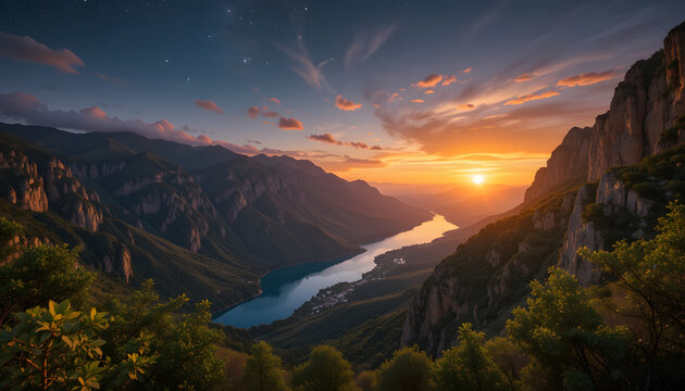 Turkish canyon sunset lake reflections amid verdant rock formations
