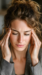 Fototapeta premium Young Woman Suffering From A Severe Headache At Home, Rubbing Her Temples In Pain And Discomfort