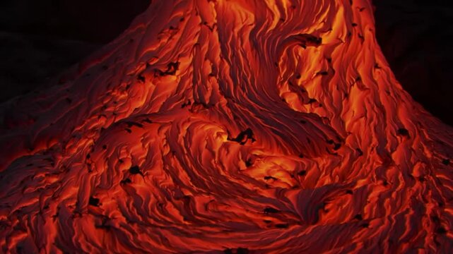Macro shot of viscous, glowing volcanic lava flowing slowly. Fiery orange texture.