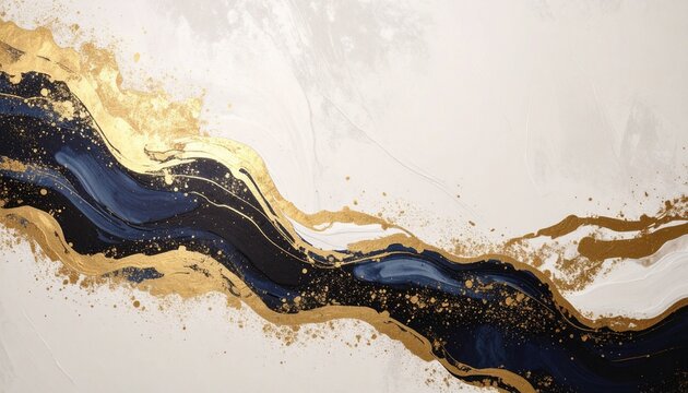 Abstract art with black and gold wavy brush strokes on white surface
