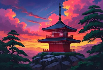 Obraz premium Ancient Japanese pagoda amidst a dramatic sunset sky, surrounded by lush evergreen trees and rocky terrain, evoking a sense of tranquility and timelessness.