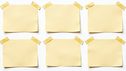 a set of light yellow sheets are taped to a white background