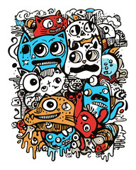 Colorful Doodle Art Featuring Whimsical Characters and Playful Animals