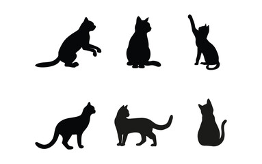 Collection of cat silhouettes in various poses isolated on background