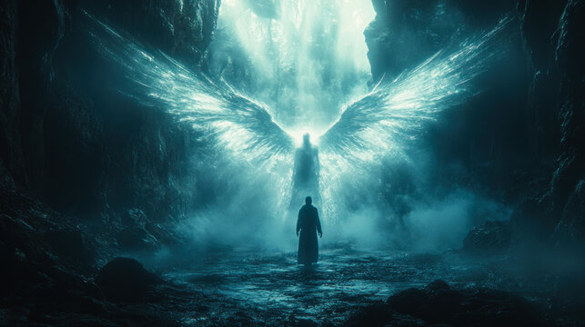 A glowing angel with massive wings appears before a lone figure in a dark, mystical cave, evoking divine power and fantasy wonder.
