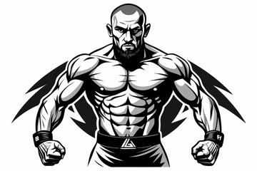 Fototapeta premium Vintage black and white illustration of a muscular male boxer in a powerful fighting stance. This dynamic vector-style artwork features bold line shading, detailed muscle anatomy