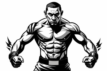 Vintage black and white illustration of a muscular male boxer in a powerful fighting stance. This dynamic vector-style artwork features bold line shading, detailed muscle anatomy