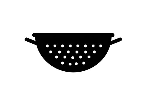 A simple black and white illustration of a colander with round holes on a white background