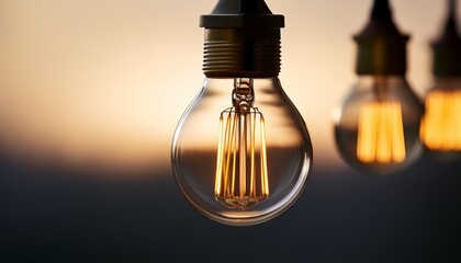 a close up shot of a sleek modern lightbulb hanging from a wire its minimalist design enhanced by a soft inviting glow
